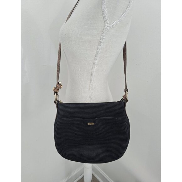 Eric Javits Raffia Woven Black Leather Strap Zip Shoulder